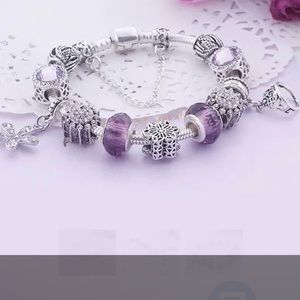 Purple European crystal bead silver charm bracelet